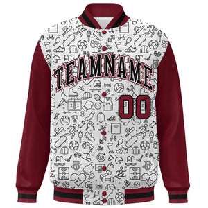 Custom White Crimson-Black Line Graffiti Pattern Varsity Raglan Sleeves Letterman Baseball Jacket