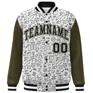 Custom White Olive-Black Line Graffiti Pattern Varsity Raglan Sleeves Letterman Baseball Jacket