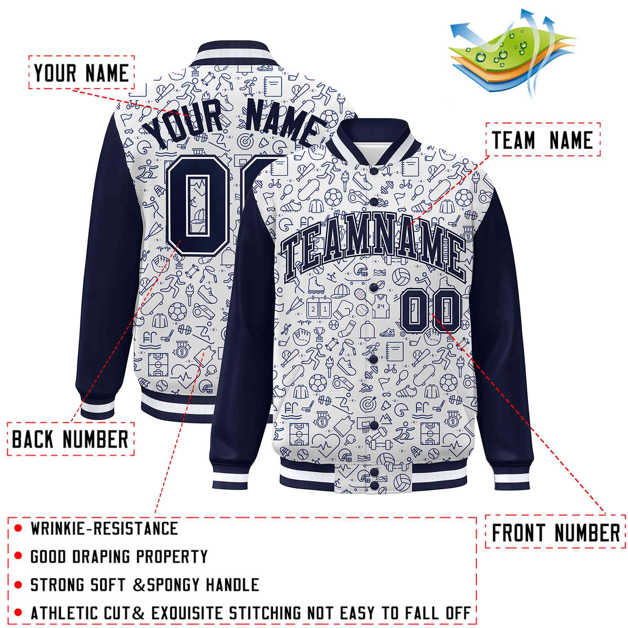 Custom White Navy Line Graffiti Pattern Varsity Raglan Sleeves Letterman Baseball Jacket