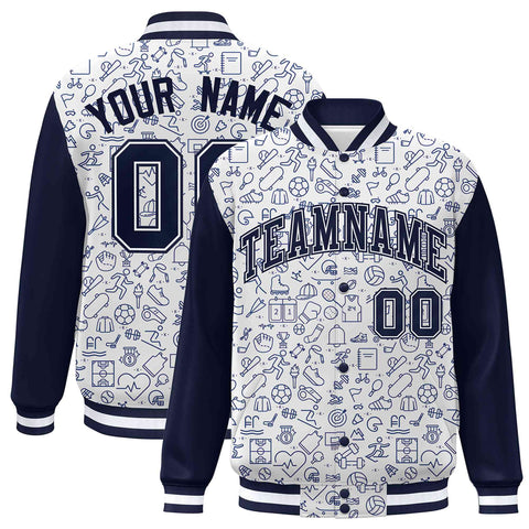 Custom White Navy Line Graffiti Pattern Varsity Raglan Sleeves Letterman Baseball Jacket