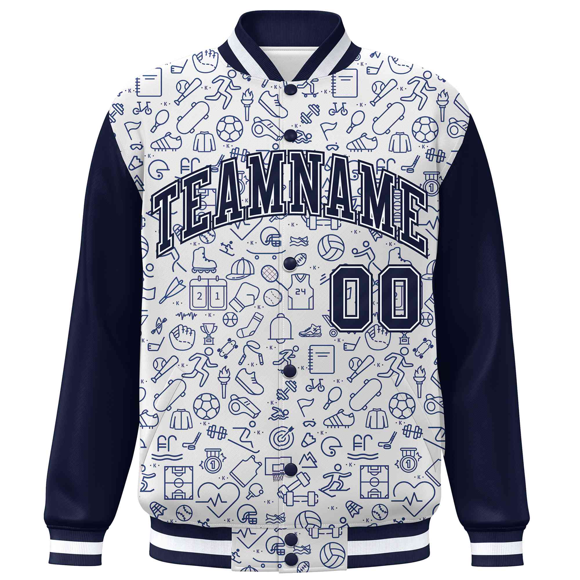 Custom White Navy Line Graffiti Pattern Varsity Raglan Sleeves Letterman Baseball Jacket