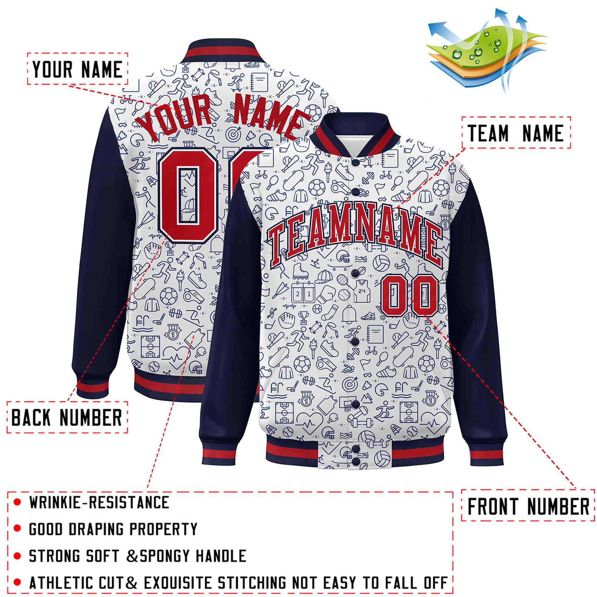 Custom White Navy-Red Line Graffiti Pattern Varsity Raglan Sleeves Letterman Baseball Jacket