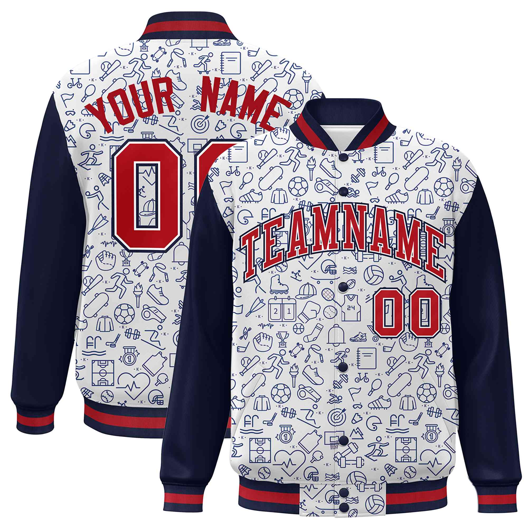 Custom White Navy-Red Line Graffiti Pattern Varsity Raglan Sleeves Letterman Baseball Jacket