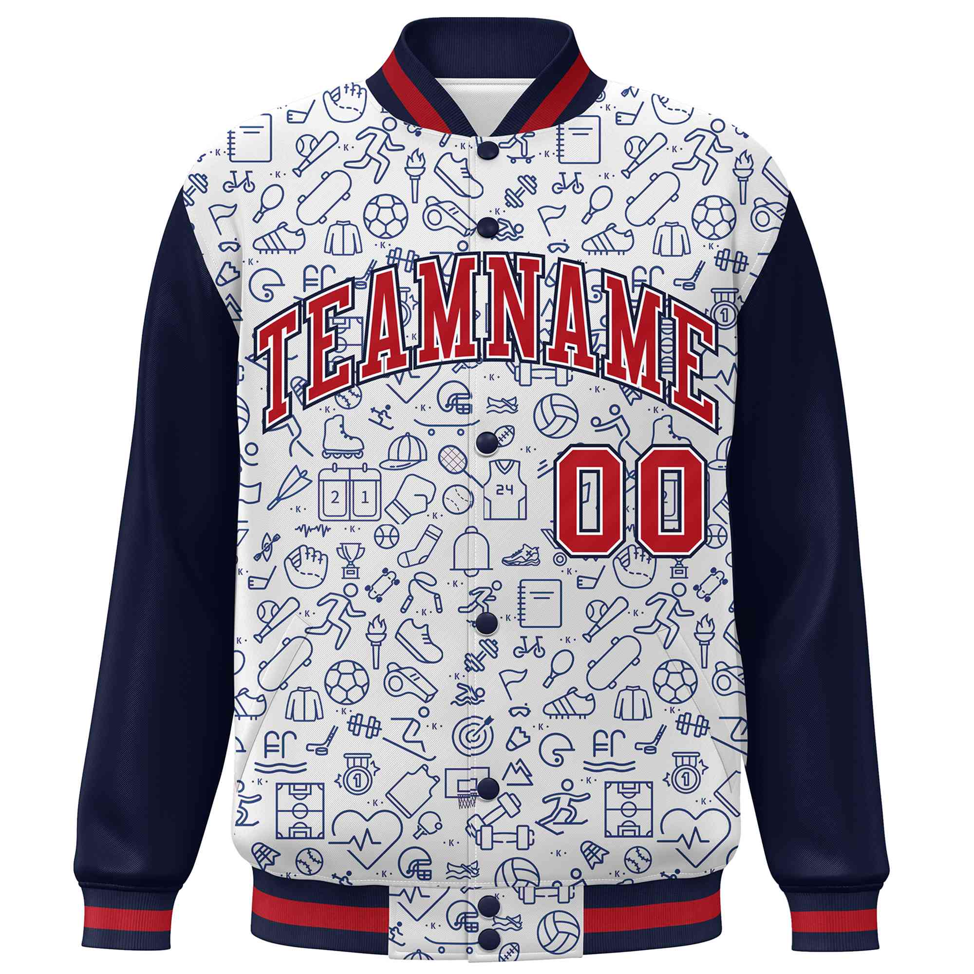 Custom White Navy-Red Line Graffiti Pattern Varsity Raglan Sleeves Letterman Baseball Jacket