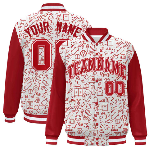 Custom White Red Line Graffiti Pattern Varsity Raglan Sleeves Letterman Baseball Jacket