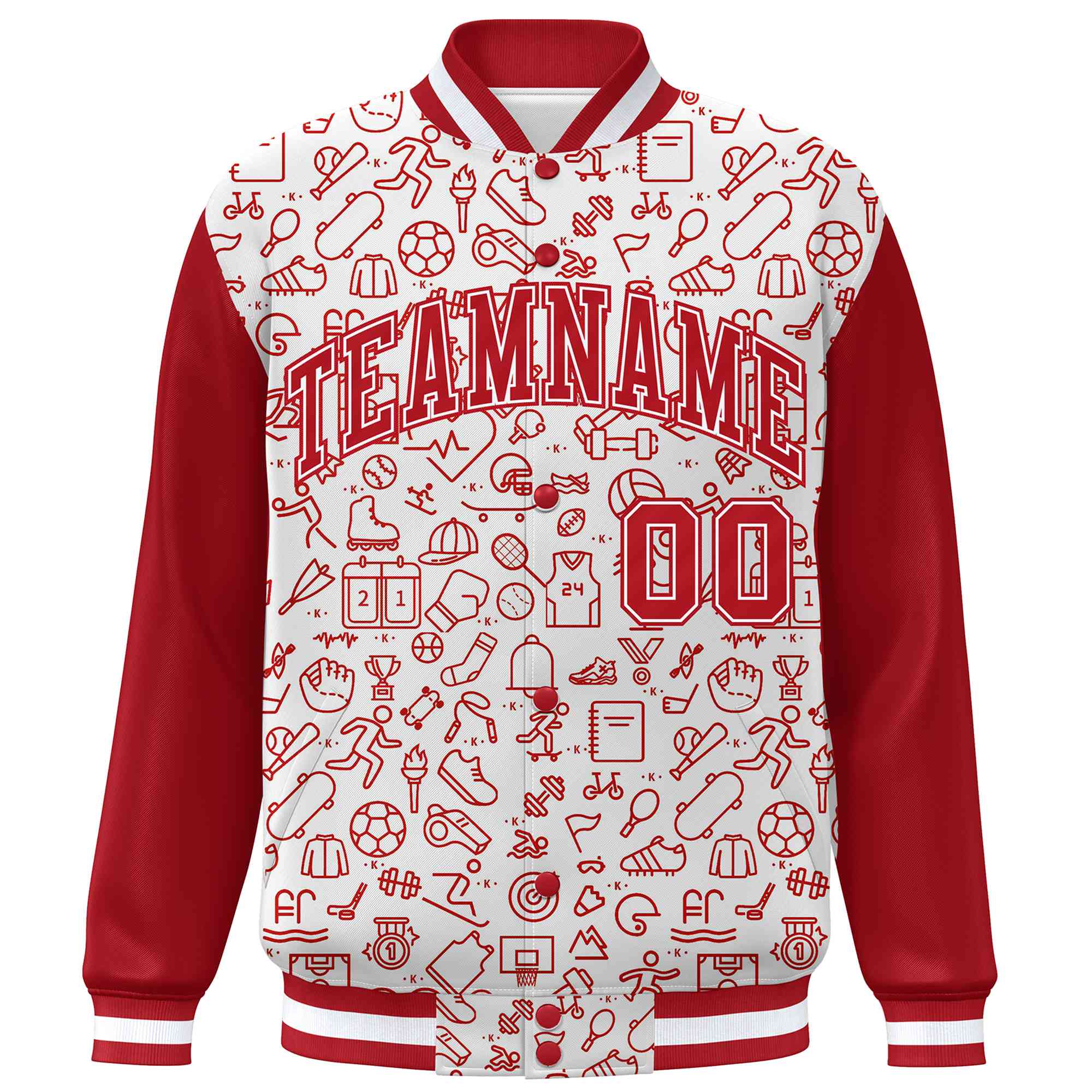 Custom White Red Line Graffiti Pattern Varsity Raglan Sleeves Letterman Baseball Jacket