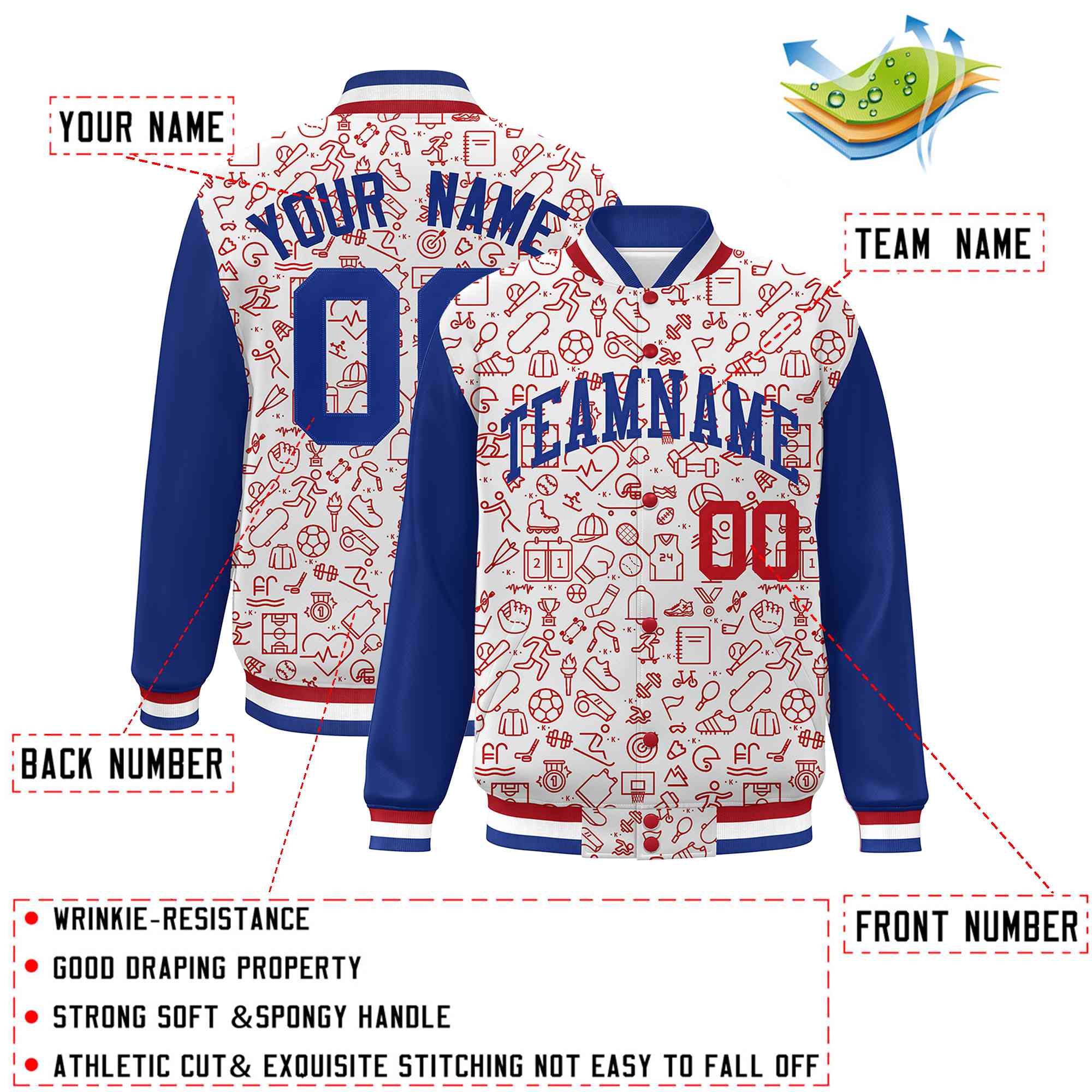 Custom White Royal-Red Line Graffiti Pattern Varsity Raglan Sleeves Letterman Baseball Jacket