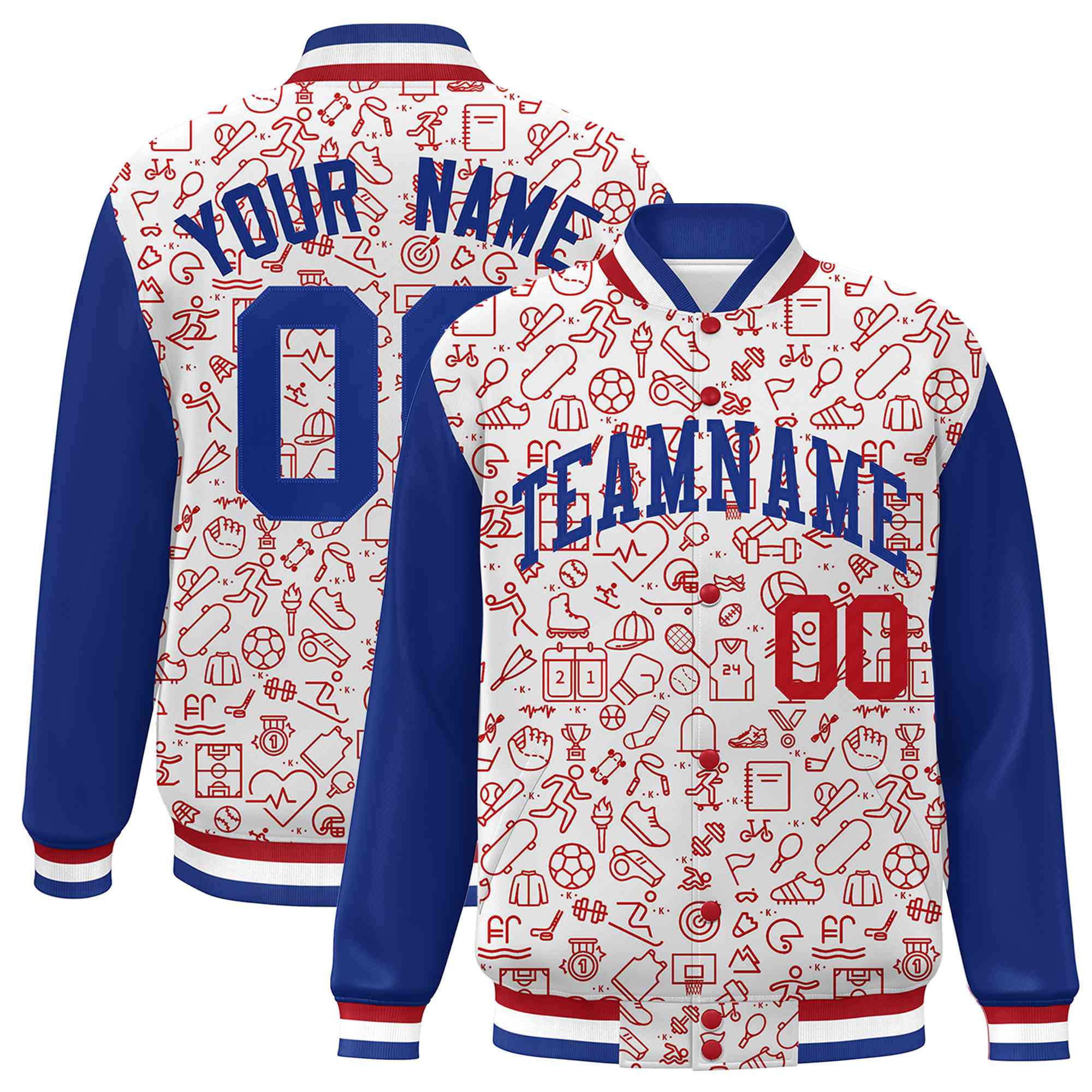 Custom White Royal-Red Line Graffiti Pattern Varsity Raglan Sleeves Letterman Baseball Jacket