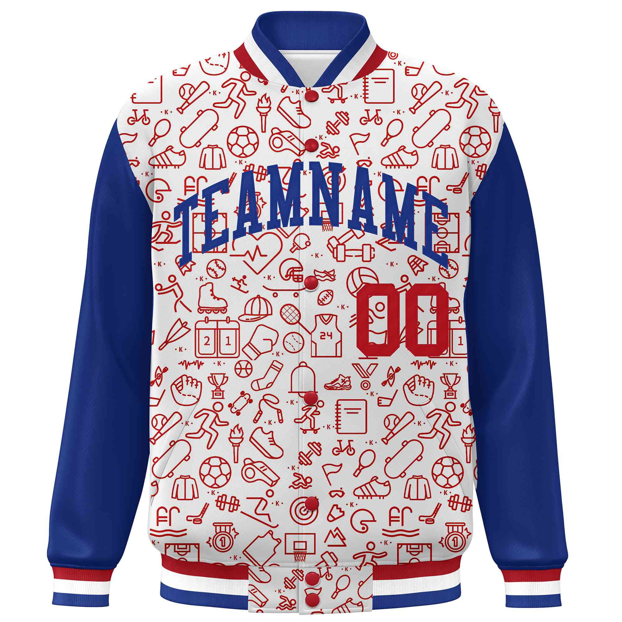 Custom White Royal-Red Line Graffiti Pattern Varsity Raglan Sleeves Letterman Baseball Jacket