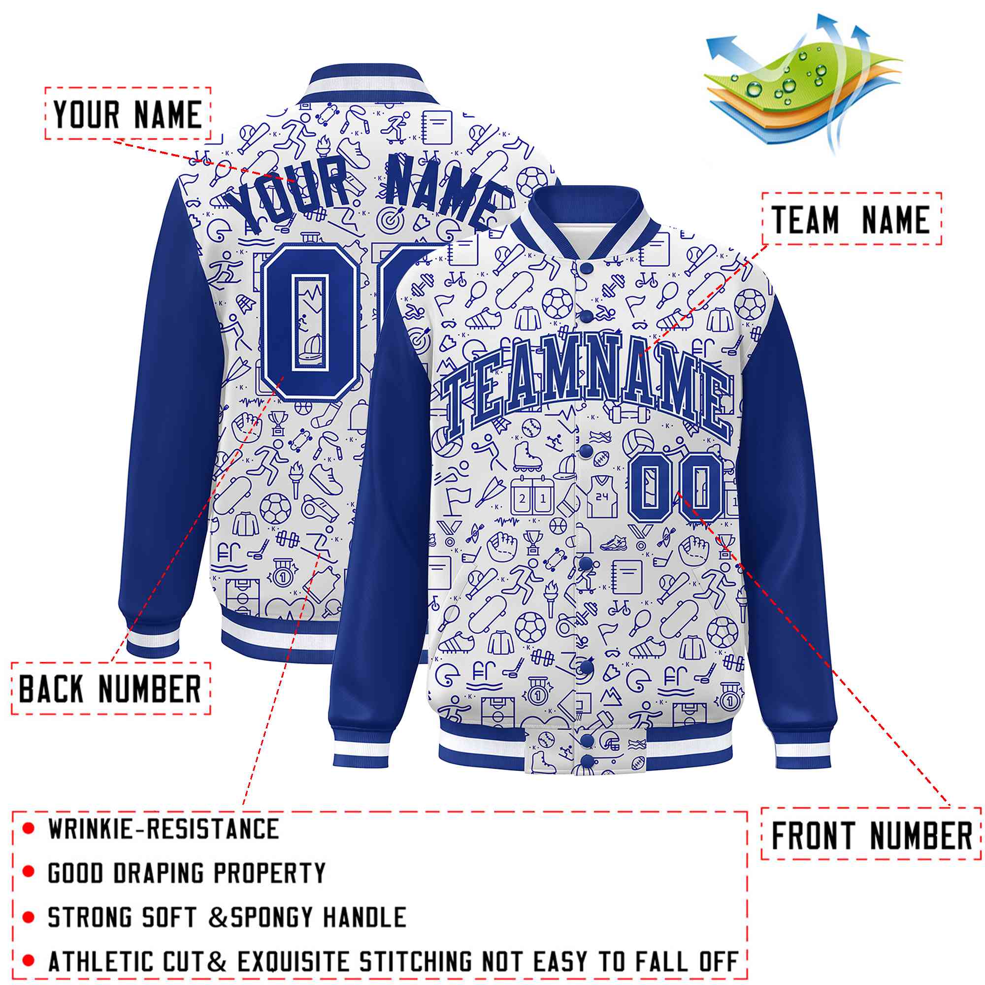 Custom White Royal Line Graffiti Pattern Varsity Raglan Sleeves Letterman Baseball Jacket