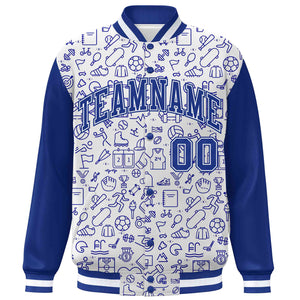 Custom White Royal Line Graffiti Pattern Varsity Raglan Sleeves Letterman Baseball Jacket