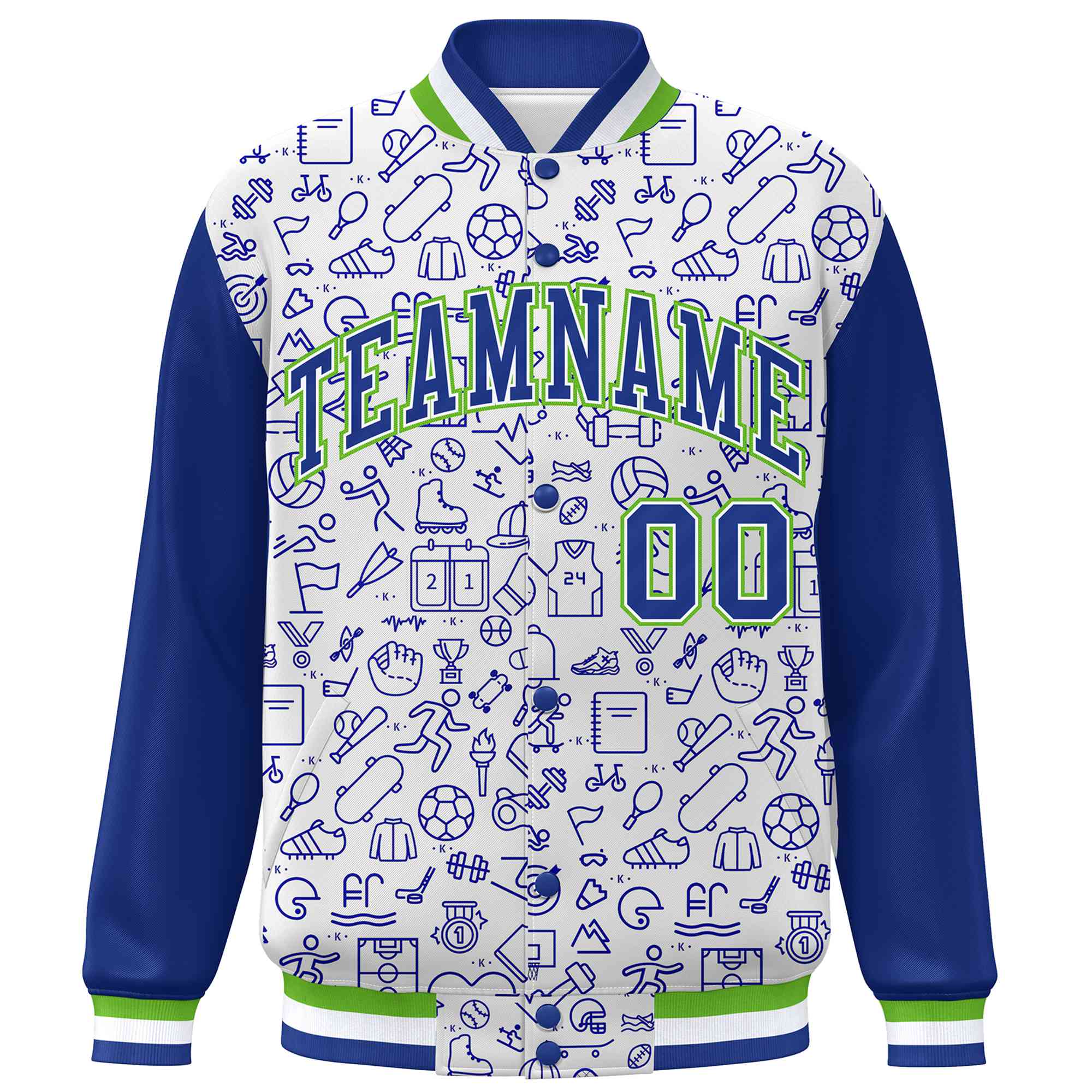 Custom White Royal Line Graffiti Pattern Varsity Raglan Sleeves Letterman Baseball Jacket