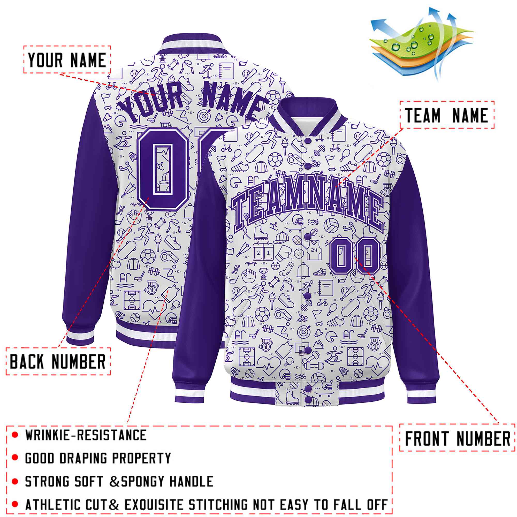 Custom White Purple Line Graffiti Pattern Varsity Raglan Sleeves Letterman Baseball Jacket