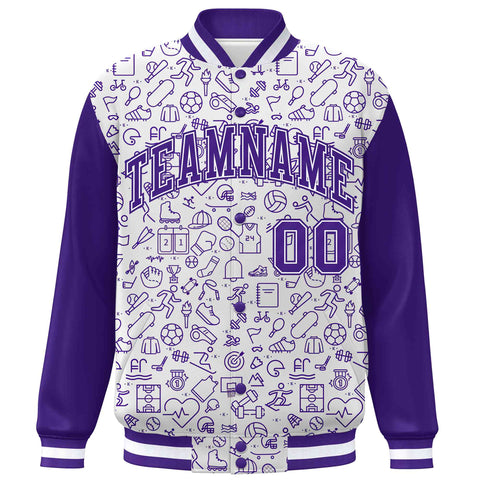 Custom White Purple Line Graffiti Pattern Varsity Raglan Sleeves Letterman Baseball Jacket