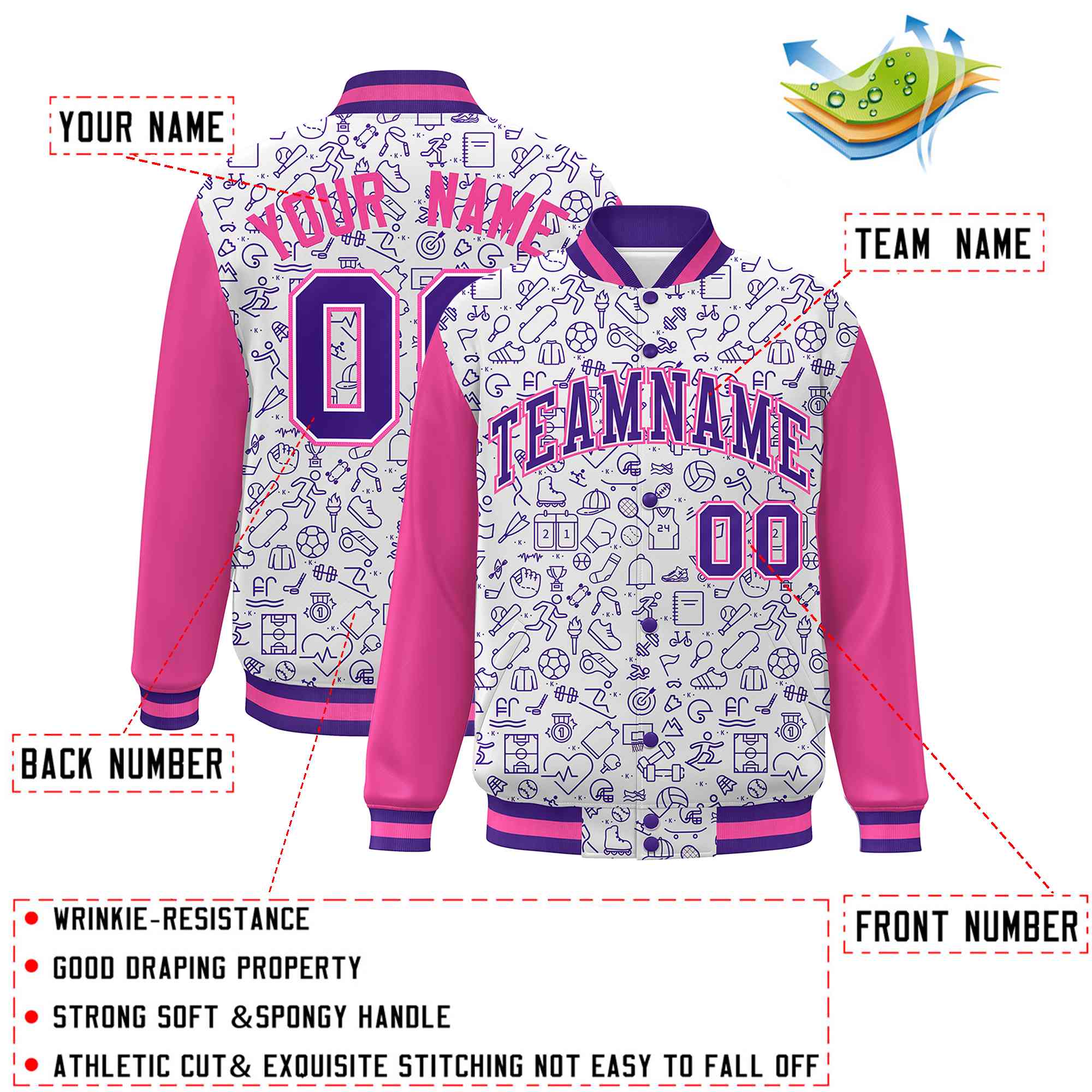 Custom White Pink-Purple Line Graffiti Pattern Varsity Raglan Sleeves Letterman Baseball Jacket