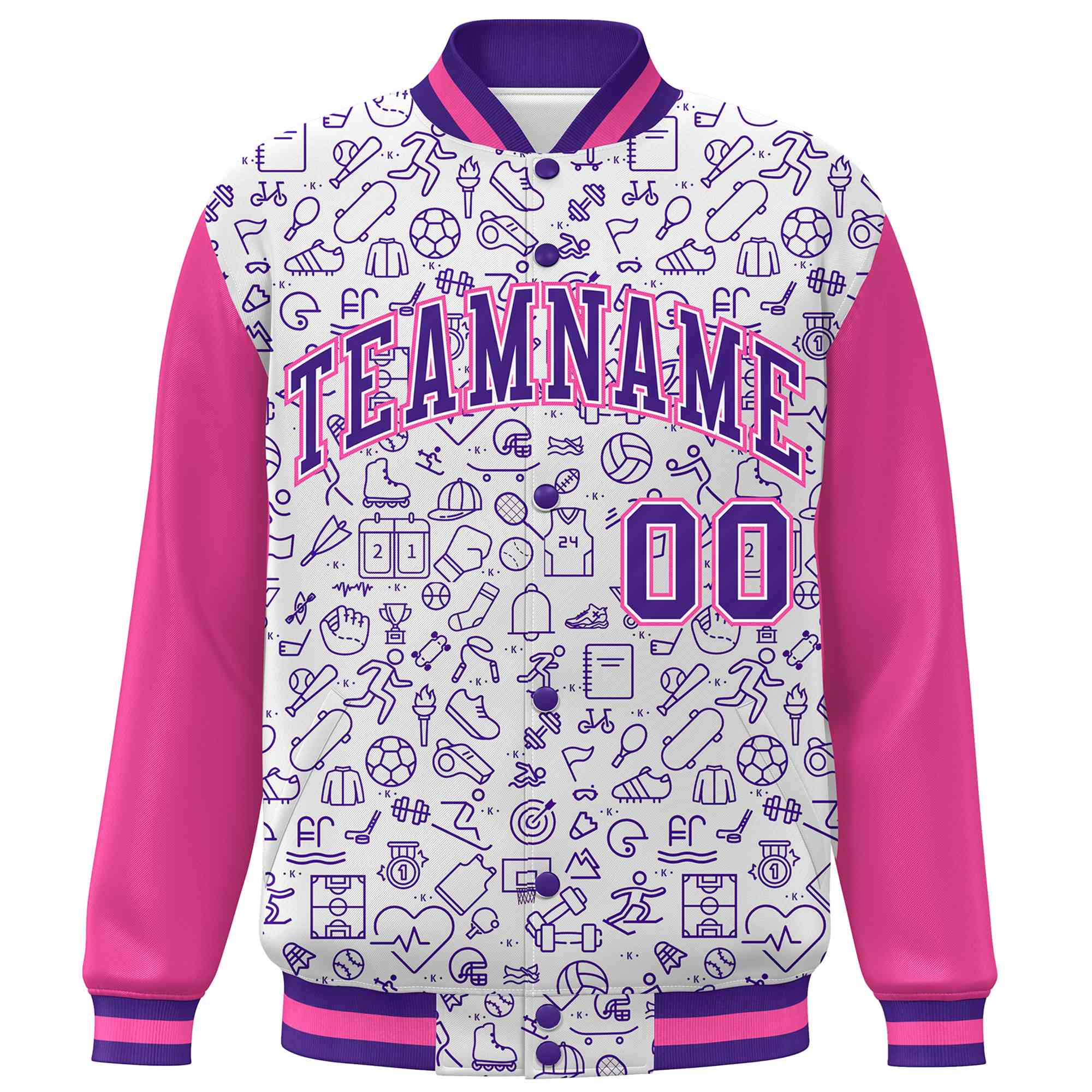 Custom White Pink-Purple Line Graffiti Pattern Varsity Raglan Sleeves Letterman Baseball Jacket