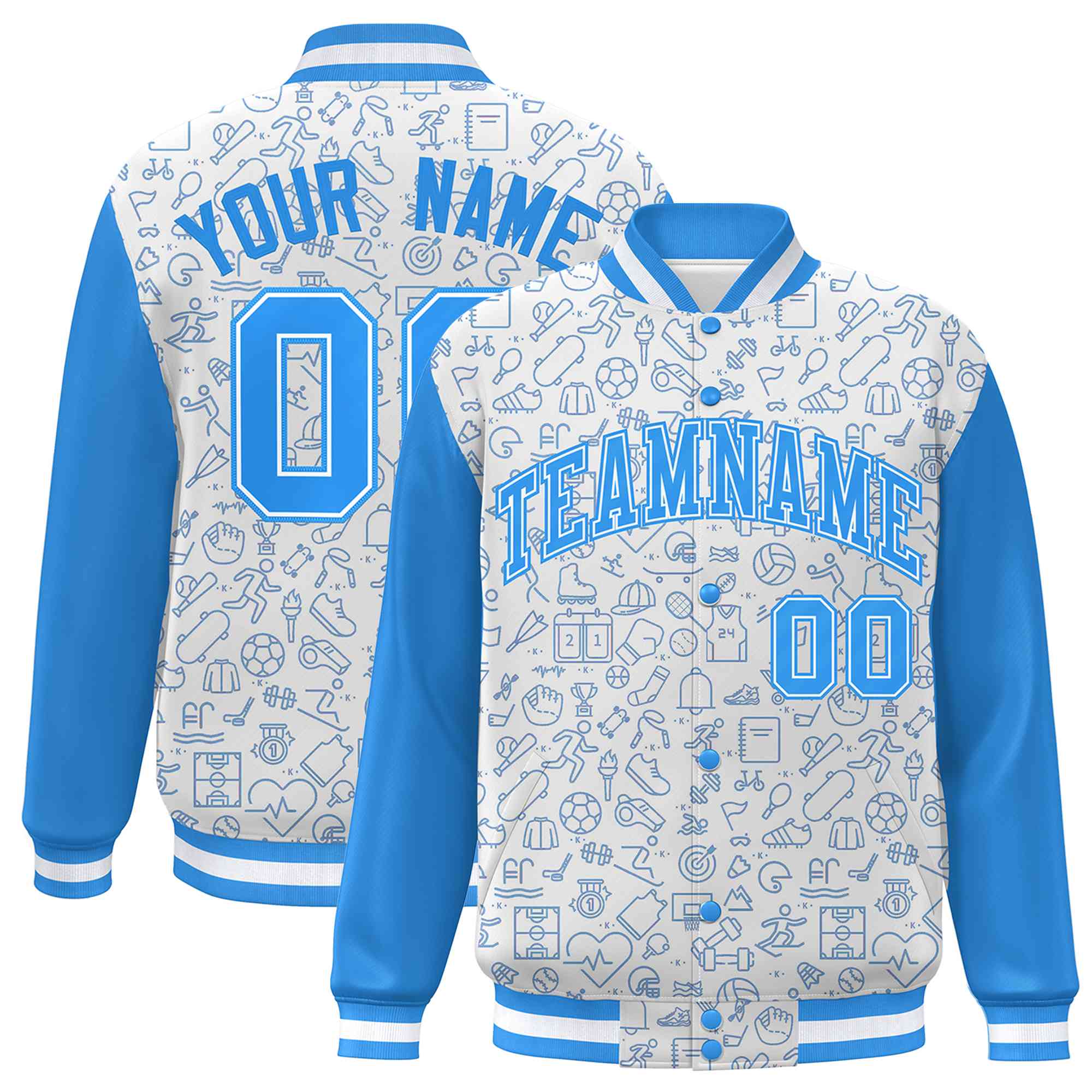 Custom White Powder Blue Line Graffiti Pattern Varsity Raglan Sleeves Letterman Baseball Jacket