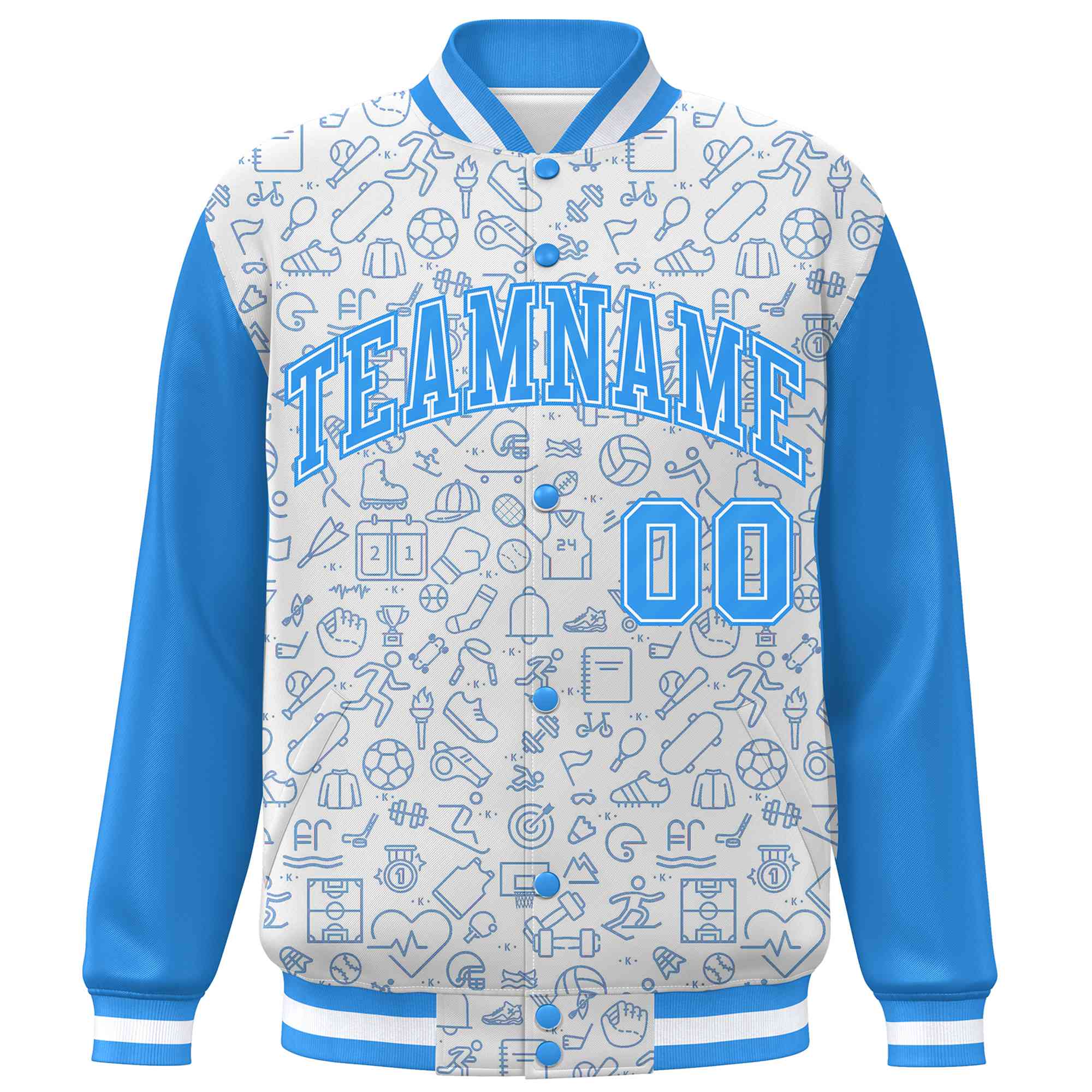 Custom White Powder Blue Line Graffiti Pattern Varsity Raglan Sleeves Letterman Baseball Jacket