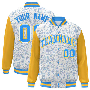 Custom White Gold-Powder Blue Line Graffiti Pattern Varsity Raglan Sleeves Letterman Baseball Jacket