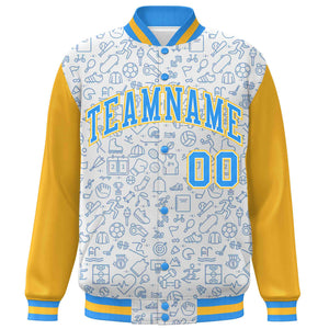 Custom White Gold-Powder Blue Line Graffiti Pattern Varsity Raglan Sleeves Letterman Baseball Jacket