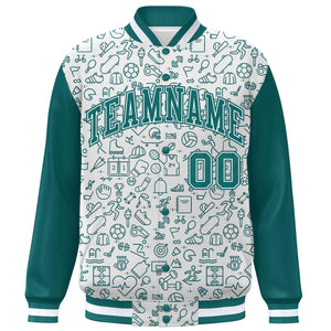 Custom White Aqua Line Graffiti Pattern Varsity Raglan Sleeves Letterman Baseball Jacket