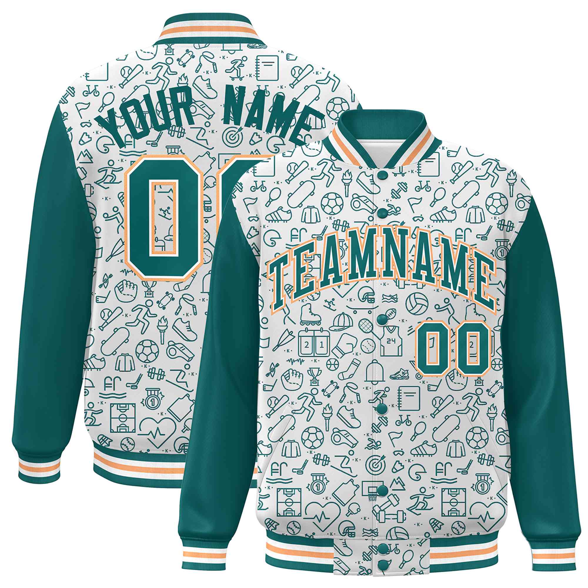 Custom White Aqua Line Graffiti Pattern Varsity Raglan Sleeves Letterman Baseball Jacket