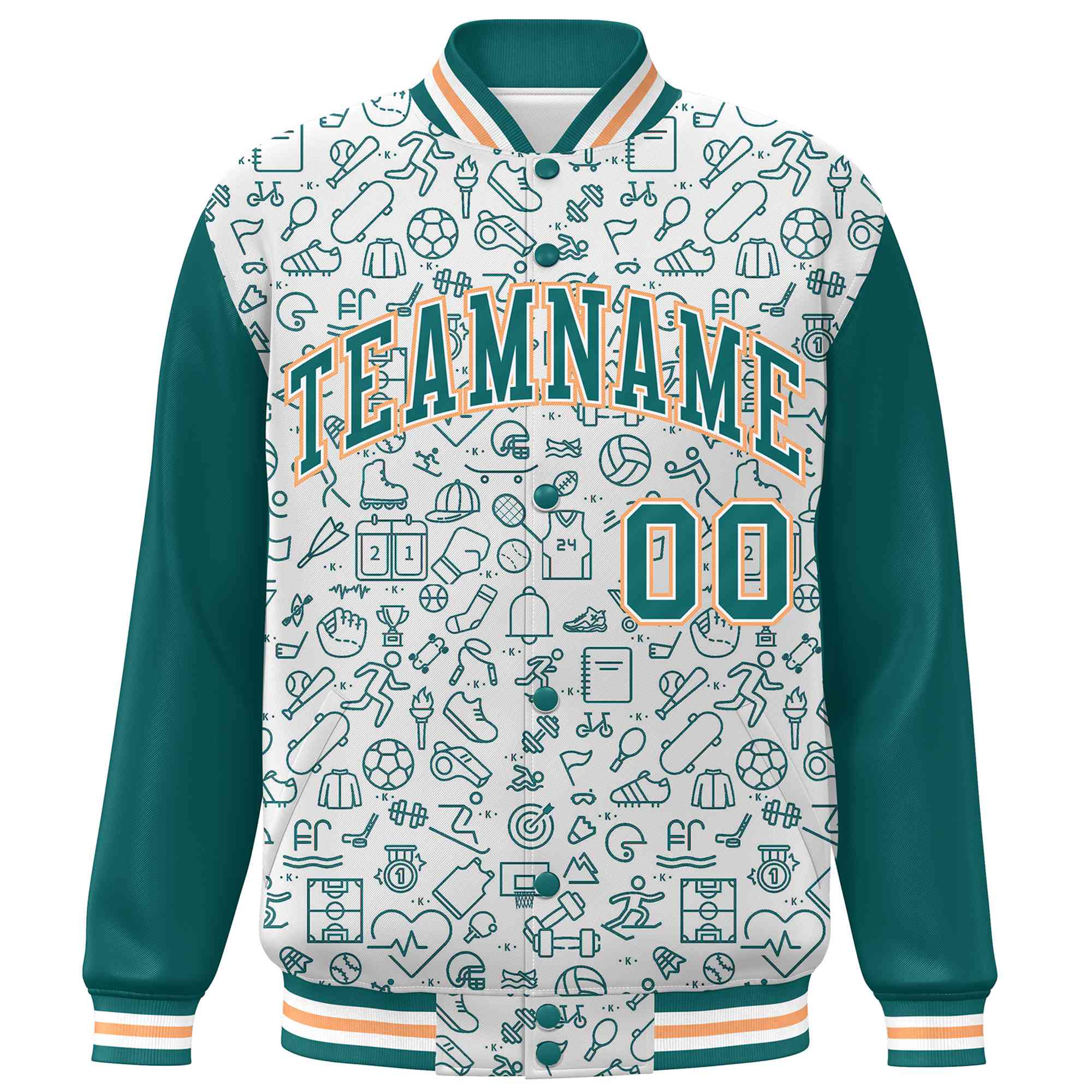 Custom White Aqua Line Graffiti Pattern Varsity Raglan Sleeves Letterman Baseball Jacket