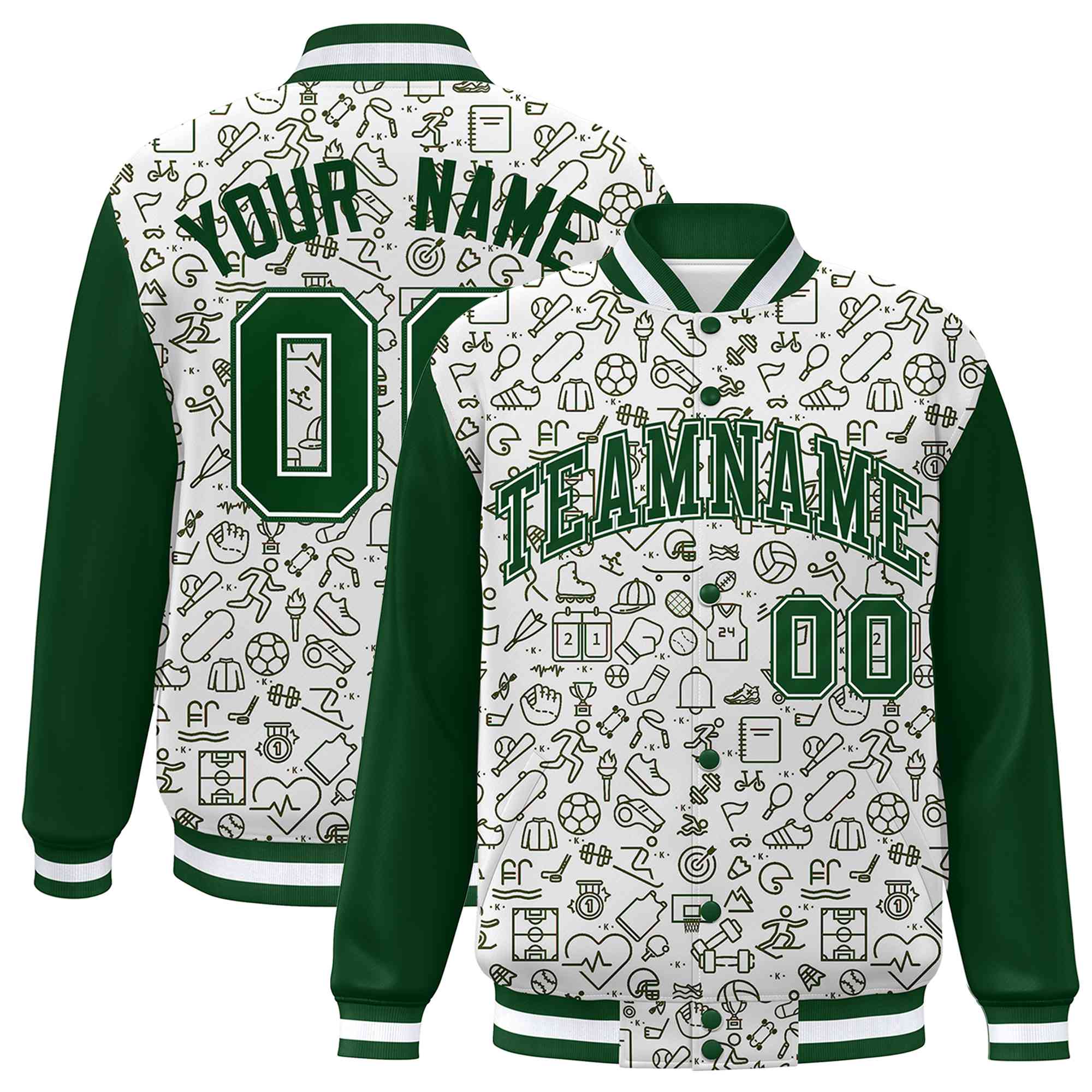 Custom White Green Line Graffiti Pattern Varsity Raglan Sleeves Letterman Baseball Jacket