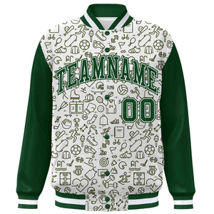 Custom White Green Line Graffiti Pattern Varsity Raglan Sleeves Letterman Baseball Jacket