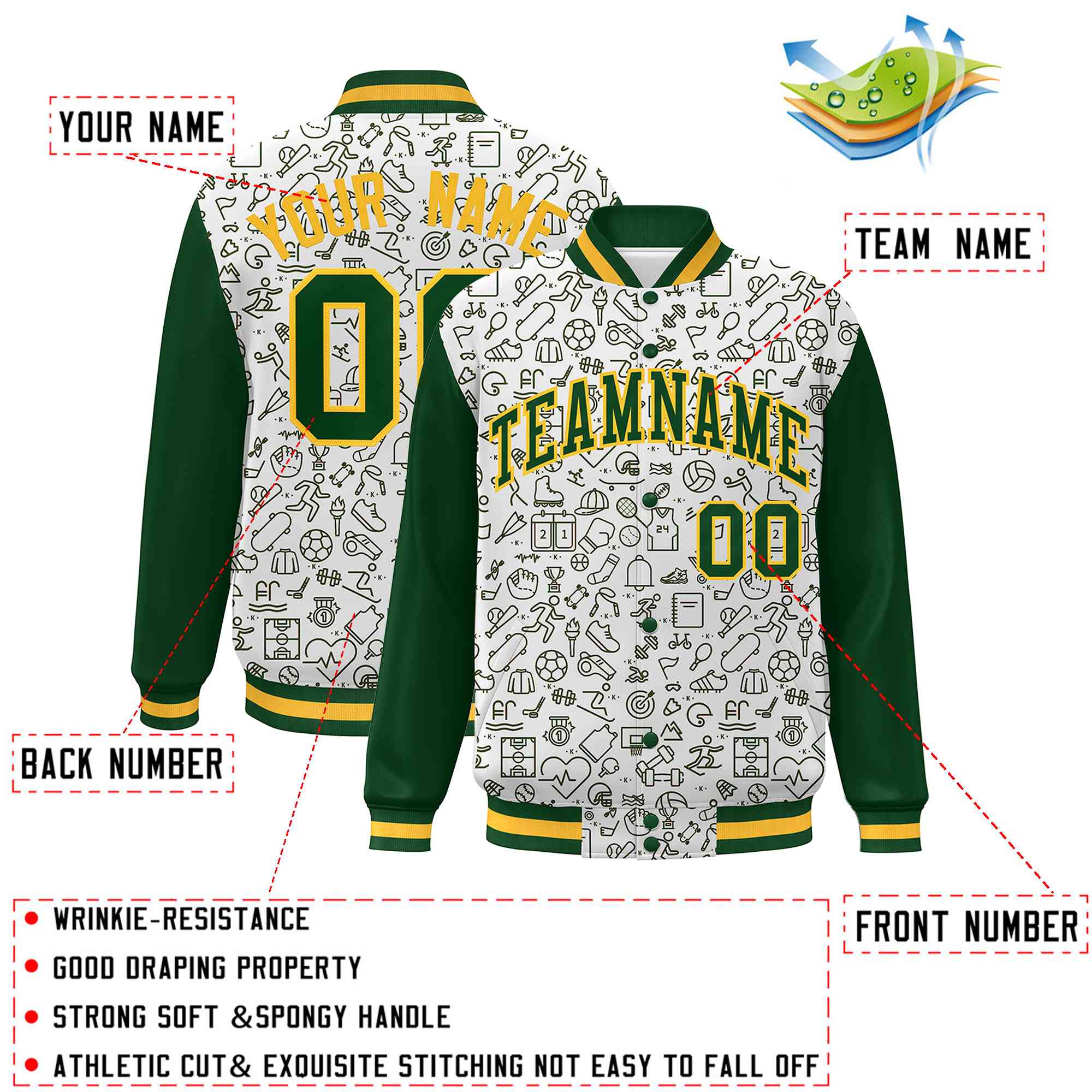 Custom White Green Line Graffiti Pattern Varsity Raglan Sleeves Letterman Baseball Jacket