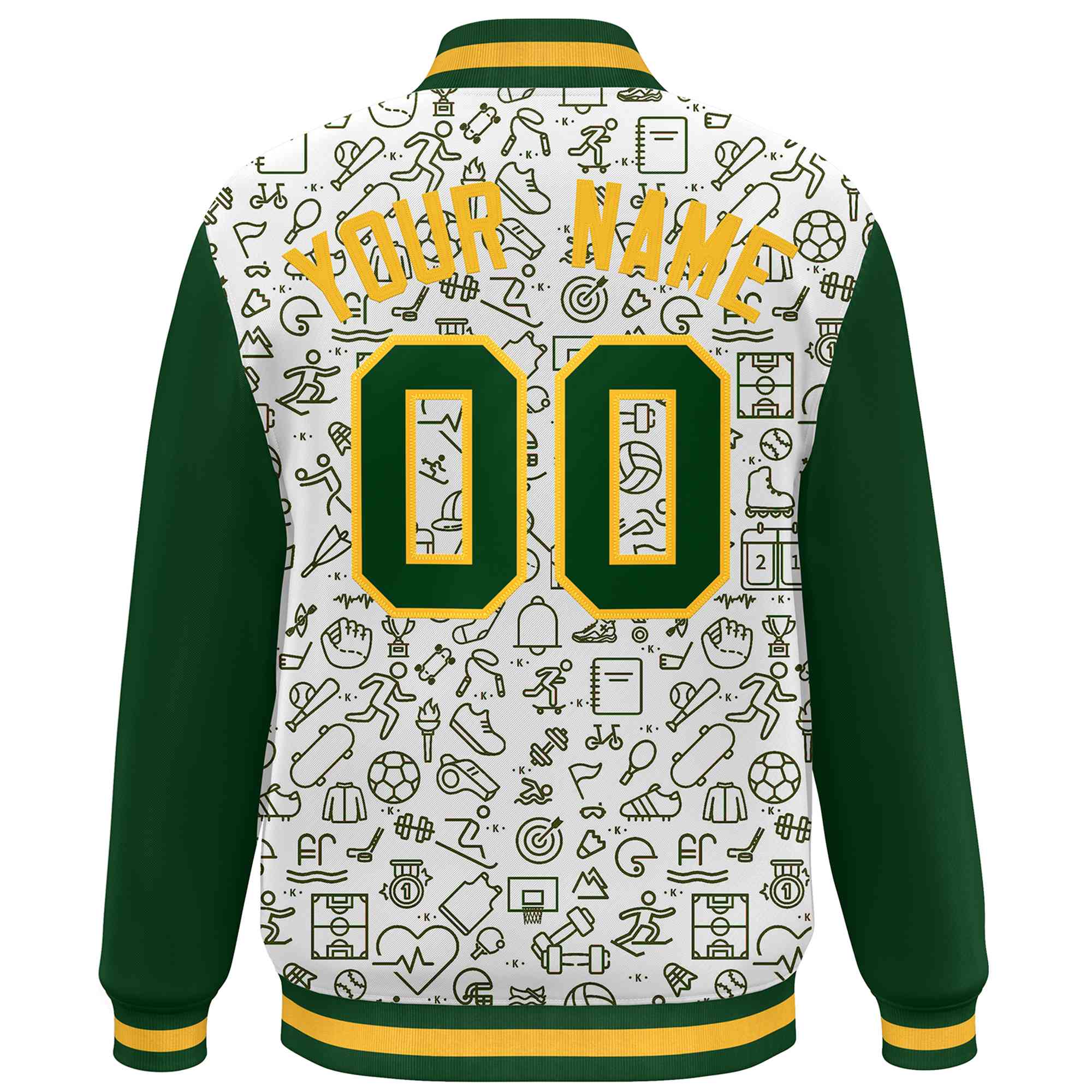 Custom White Green Line Graffiti Pattern Varsity Raglan Sleeves Letterman Baseball Jacket