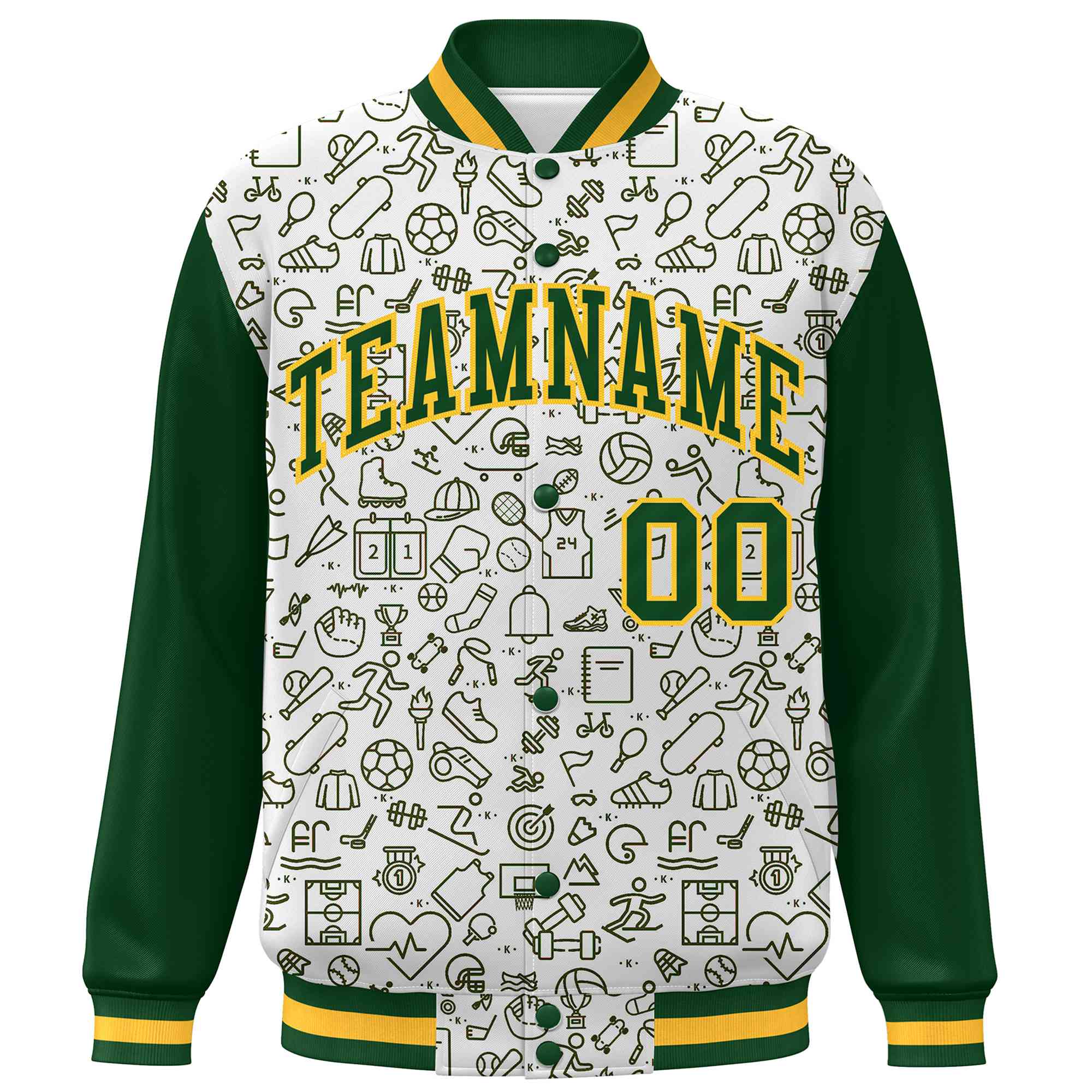 Custom White Green Line Graffiti Pattern Varsity Raglan Sleeves Letterman Baseball Jacket