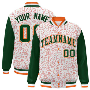 Custom White Green-Orange Line Graffiti Pattern Varsity Raglan Sleeves Letterman Baseball Jacket