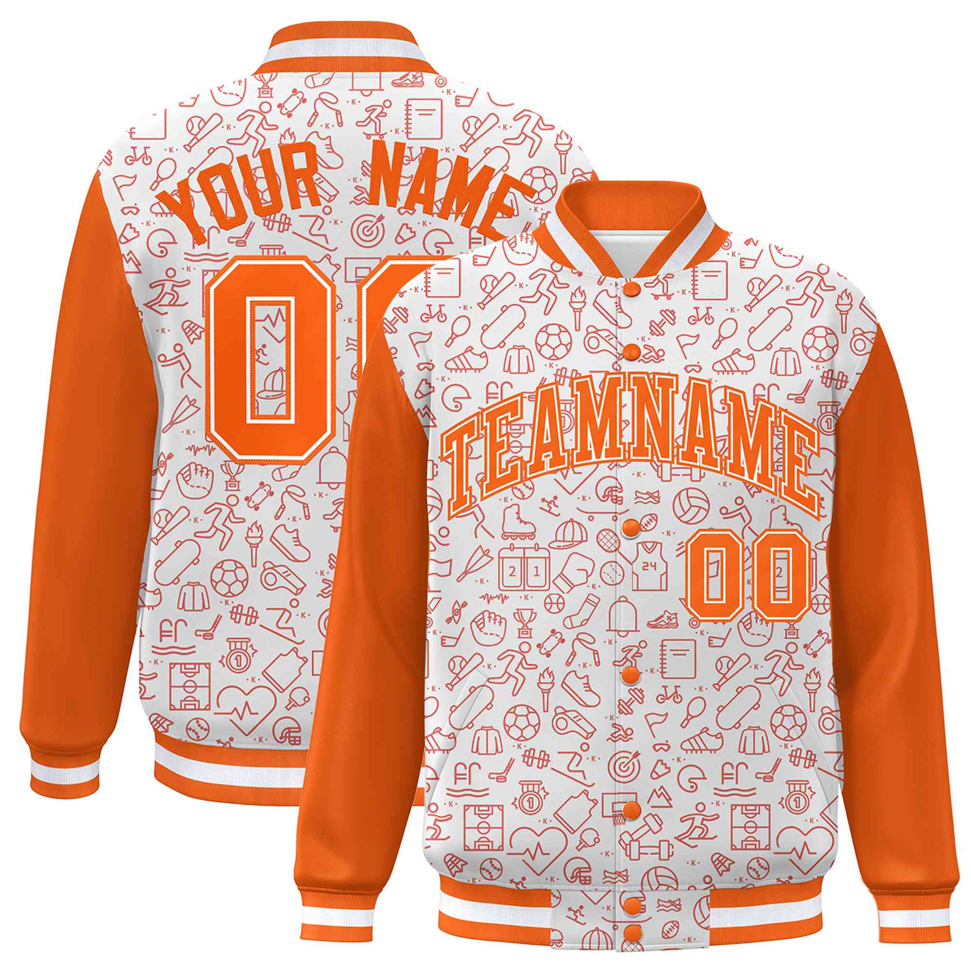 Custom White Orange Line Graffiti Pattern Varsity Raglan Sleeves Letterman Baseball Jacket