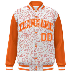 Custom White Orange Line Graffiti Pattern Varsity Raglan Sleeves Letterman Baseball Jacket