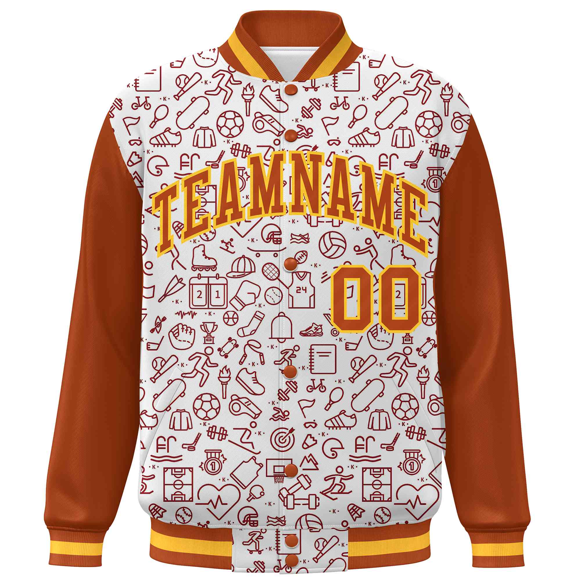 Custom White Texas Orange Line Graffiti Pattern Varsity Raglan Sleeves Letterman Baseball Jacket