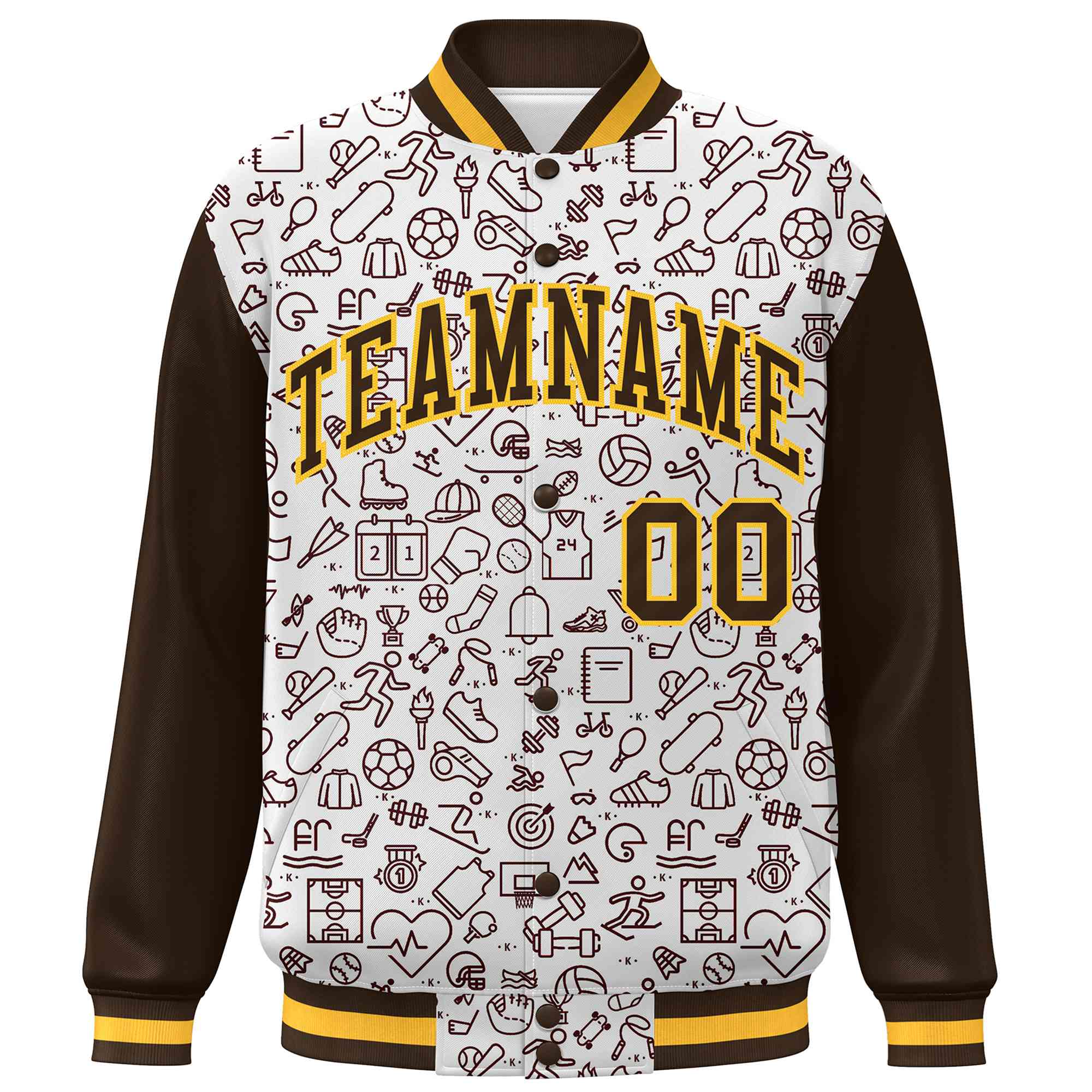 Custom White Brown Line Graffiti Pattern Varsity Raglan Sleeves Letterman Baseball Jacket