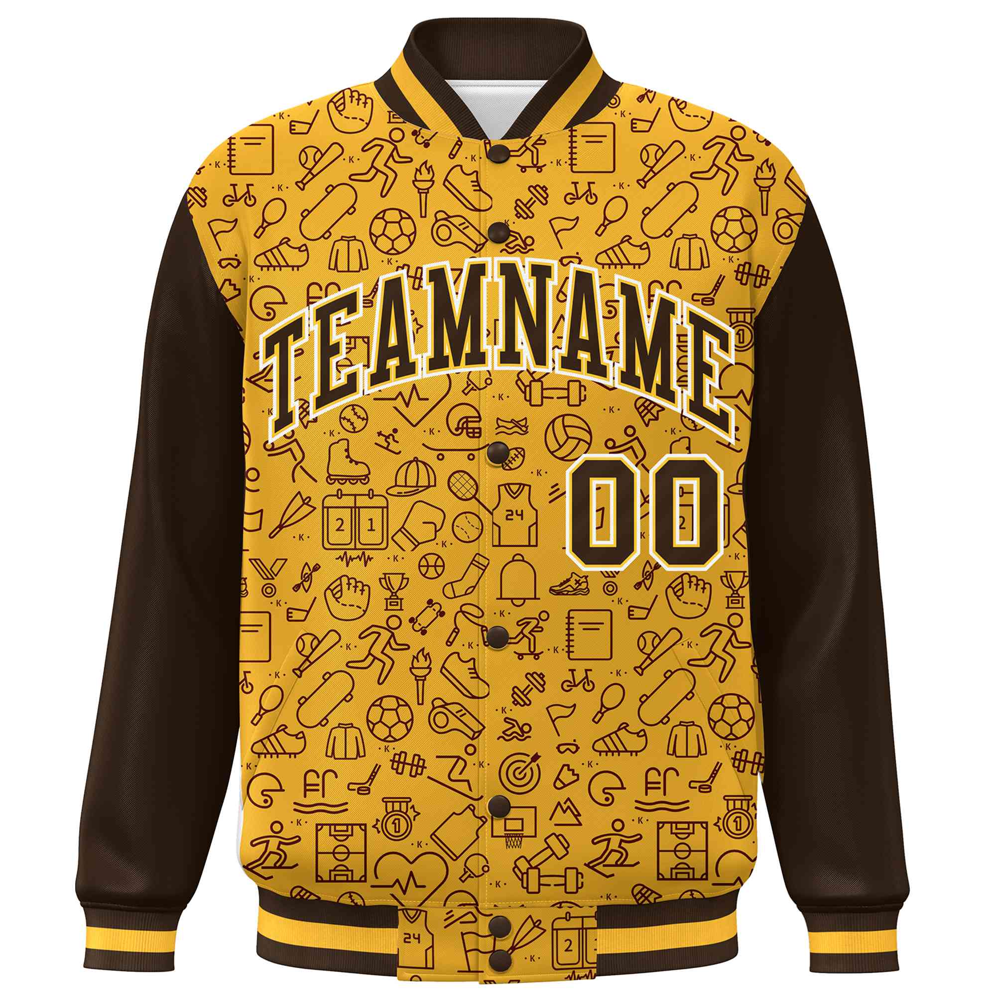 Custom Gold Brown Line Graffiti Pattern Varsity Raglan Sleeves Letterman Baseball Jacket