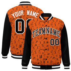 Custom Orange Black Graffiti Pattern Varsity Raglan Sleeves Letterman Baseball Jacket