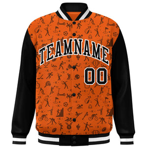 Custom Orange Black Graffiti Pattern Varsity Raglan Sleeves Letterman Baseball Jacket