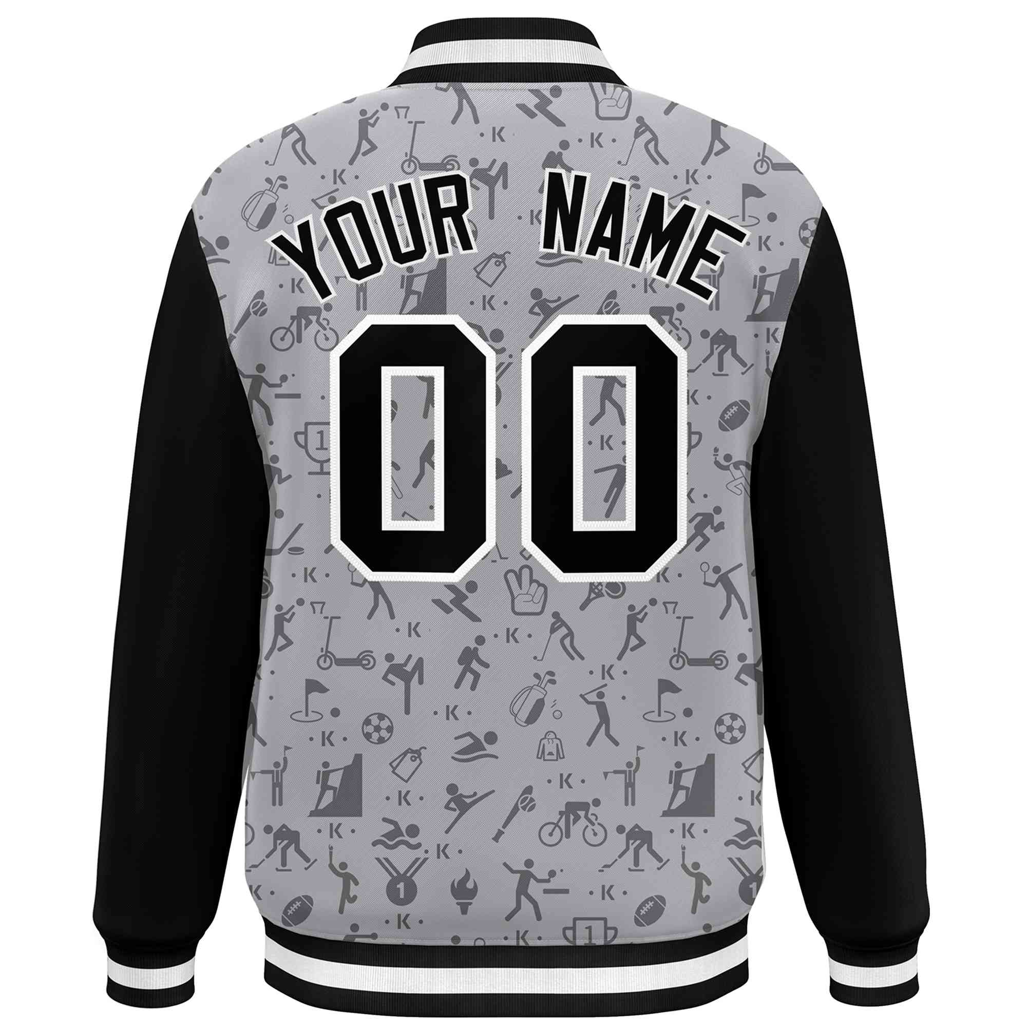 Custom Gray Black Graffiti Pattern Varsity Raglan Sleeves Letterman Baseball Jacket