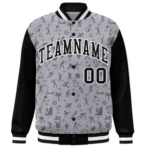 Custom Gray Black Graffiti Pattern Varsity Raglan Sleeves Letterman Baseball Jacket