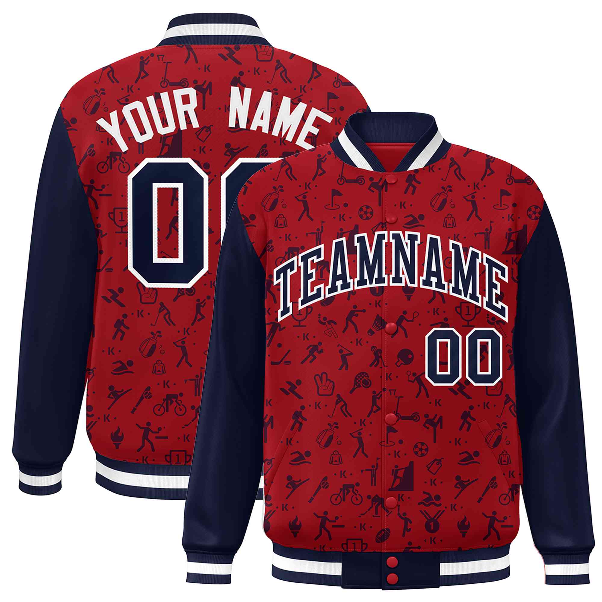 Custom Red Navy Graffiti Pattern Varsity Raglan Sleeves Letterman Baseball Jacket