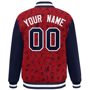 Custom Red Navy Graffiti Pattern Varsity Raglan Sleeves Letterman Baseball Jacket