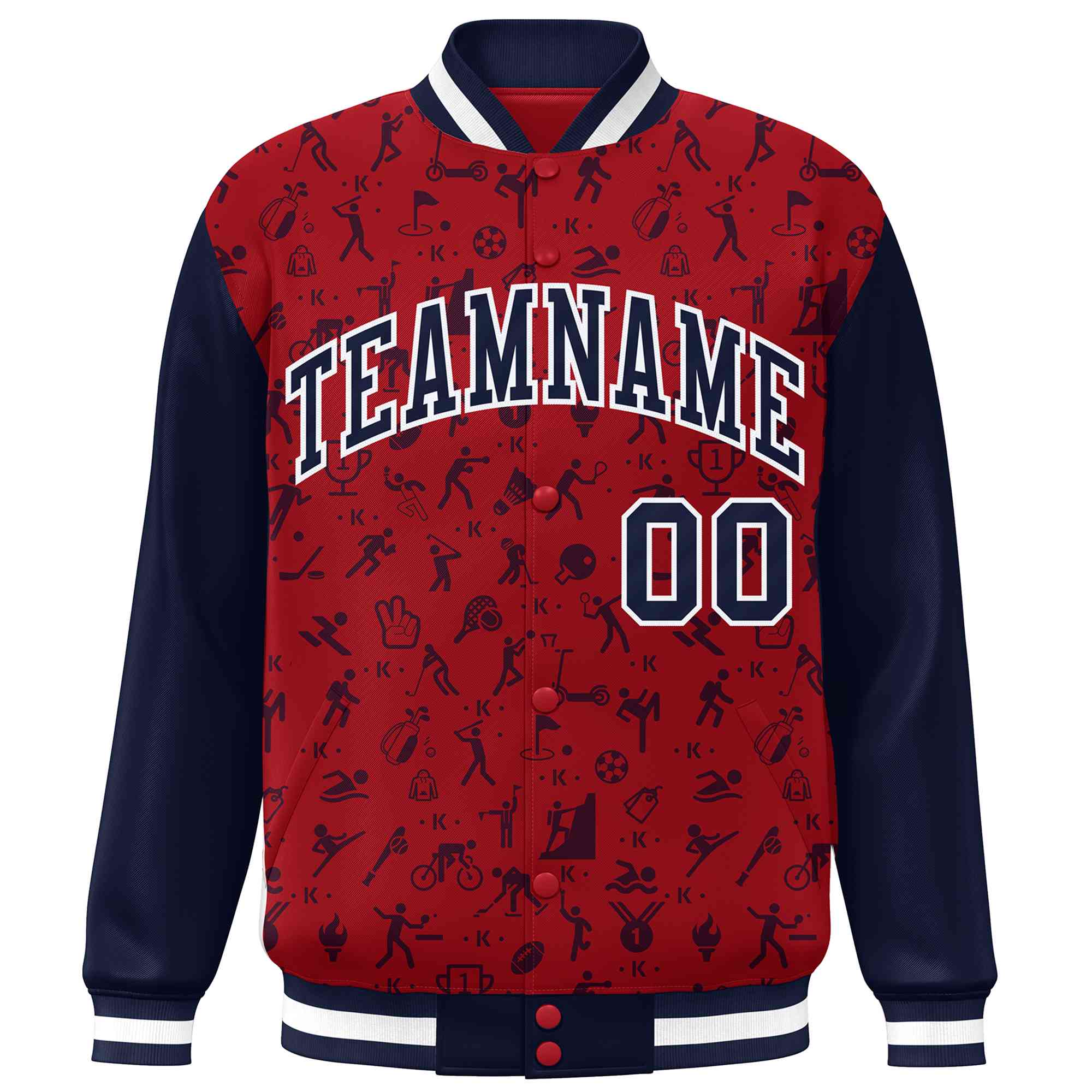 Custom Red Navy Graffiti Pattern Varsity Raglan Sleeves Letterman Baseball Jacket