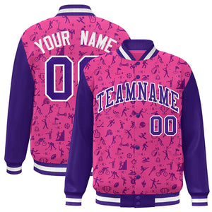 Custom Pink Purple Graffiti Pattern Varsity Raglan Sleeves Letterman Baseball Jacket