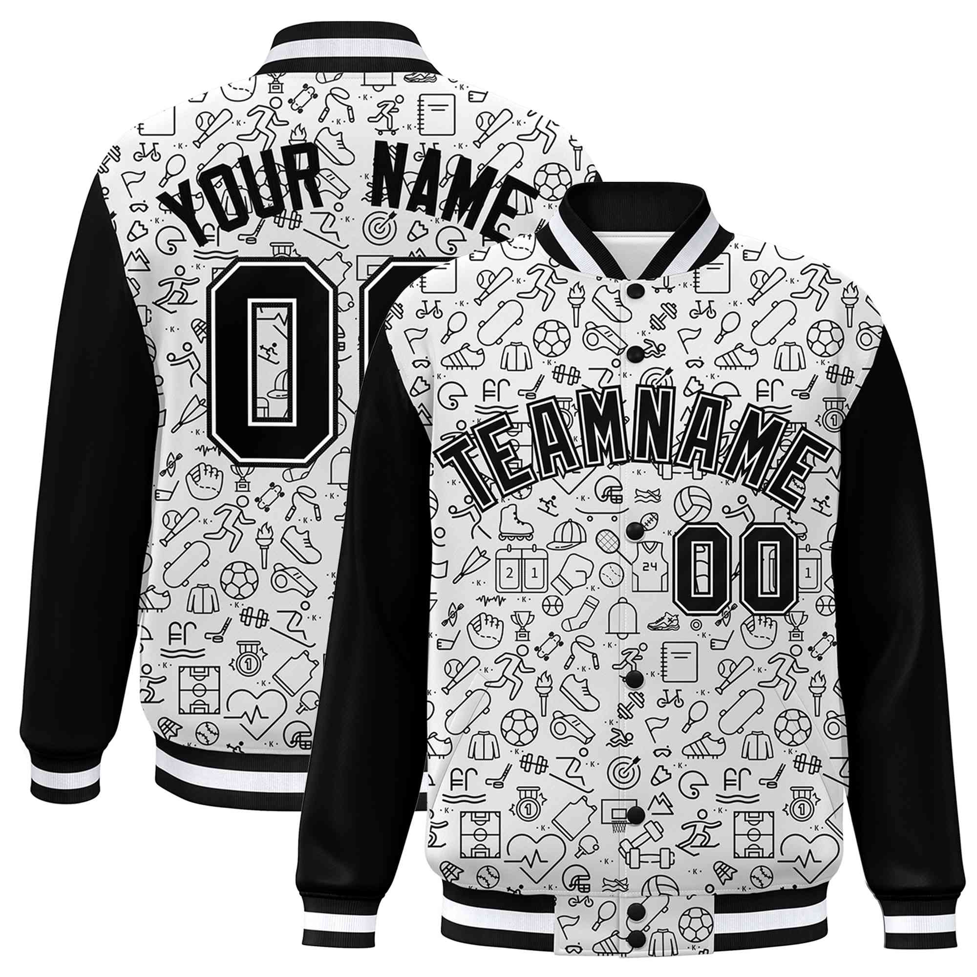 Custom White Black Line Graffiti Pattern Varsity Raglan Sleeves Letterman Baseball Jacket