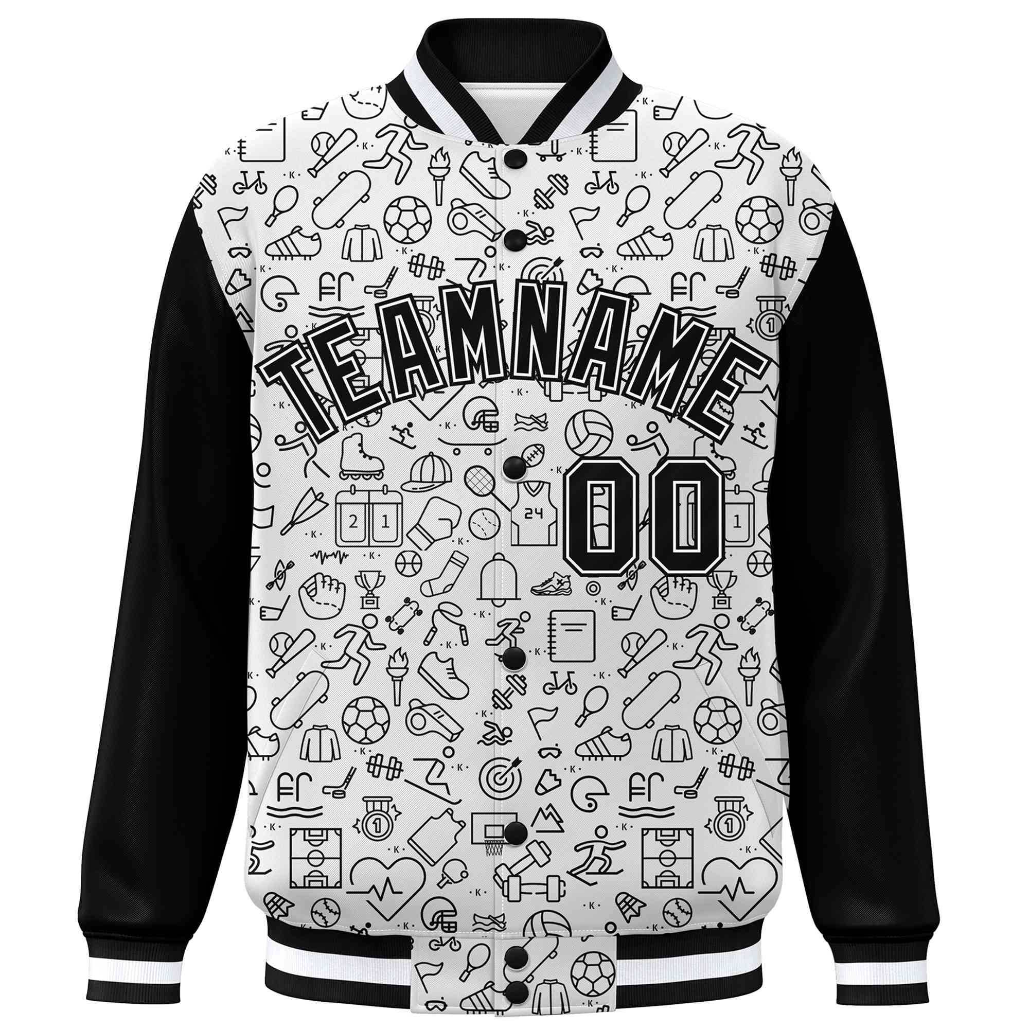 Custom White Black Line Graffiti Pattern Varsity Raglan Sleeves Letterman Baseball Jacket