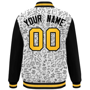 Custom White Black-Gold Line Graffiti Pattern Varsity Raglan Sleeves Letterman Baseball Jacket