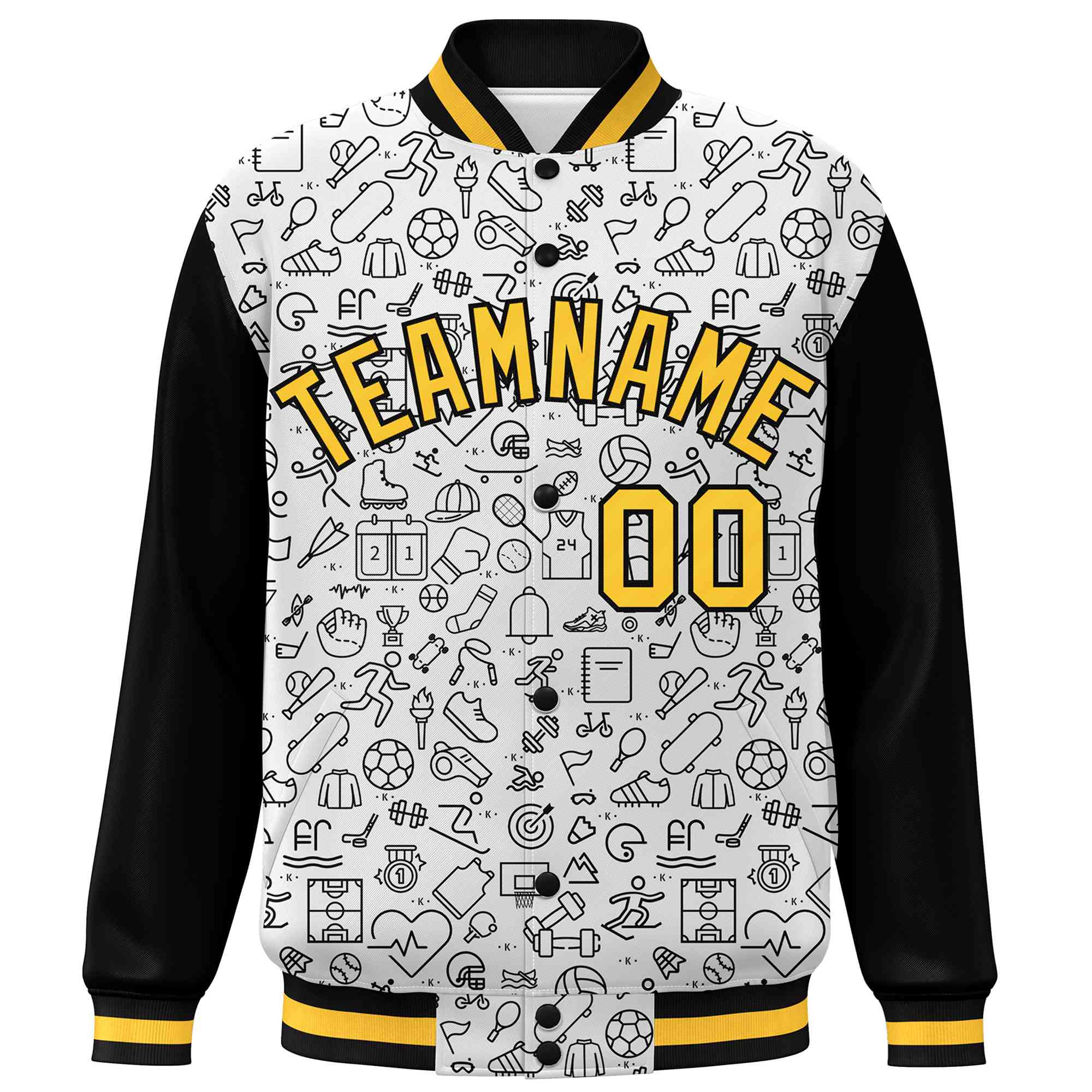 Custom White Black-Gold Line Graffiti Pattern Varsity Raglan Sleeves Letterman Baseball Jacket